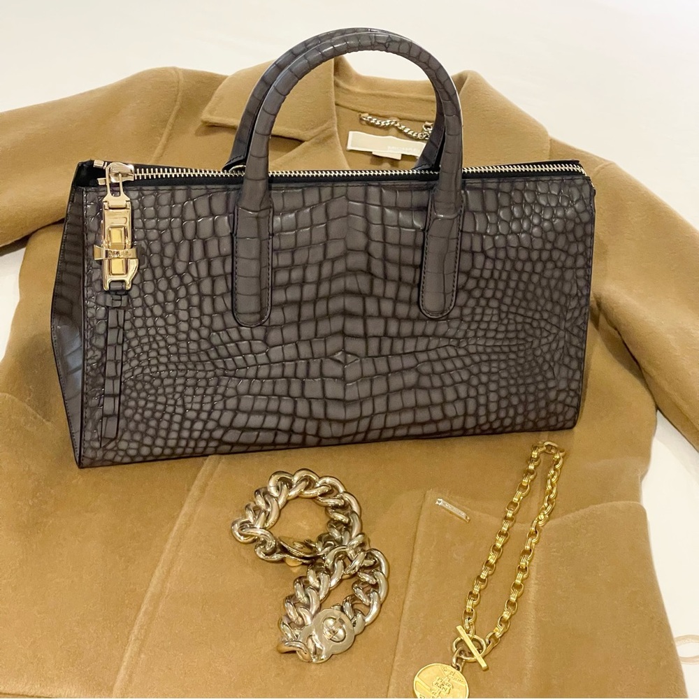 MaxMara Crocodile-Embossed Gray Satchel